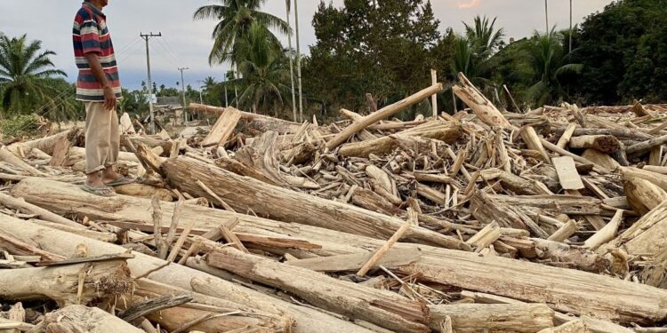 Tumpukan gelondongan kayu di Geudumbak, kecamatan Langkahan, Aceh Utara. poto milik ajnn